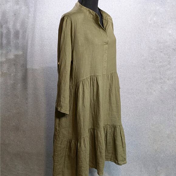 NWT Bellambra Italy Linen Dress M Olive Babydoll Tiered Roll Tab Oversized - Picture 11 of 15